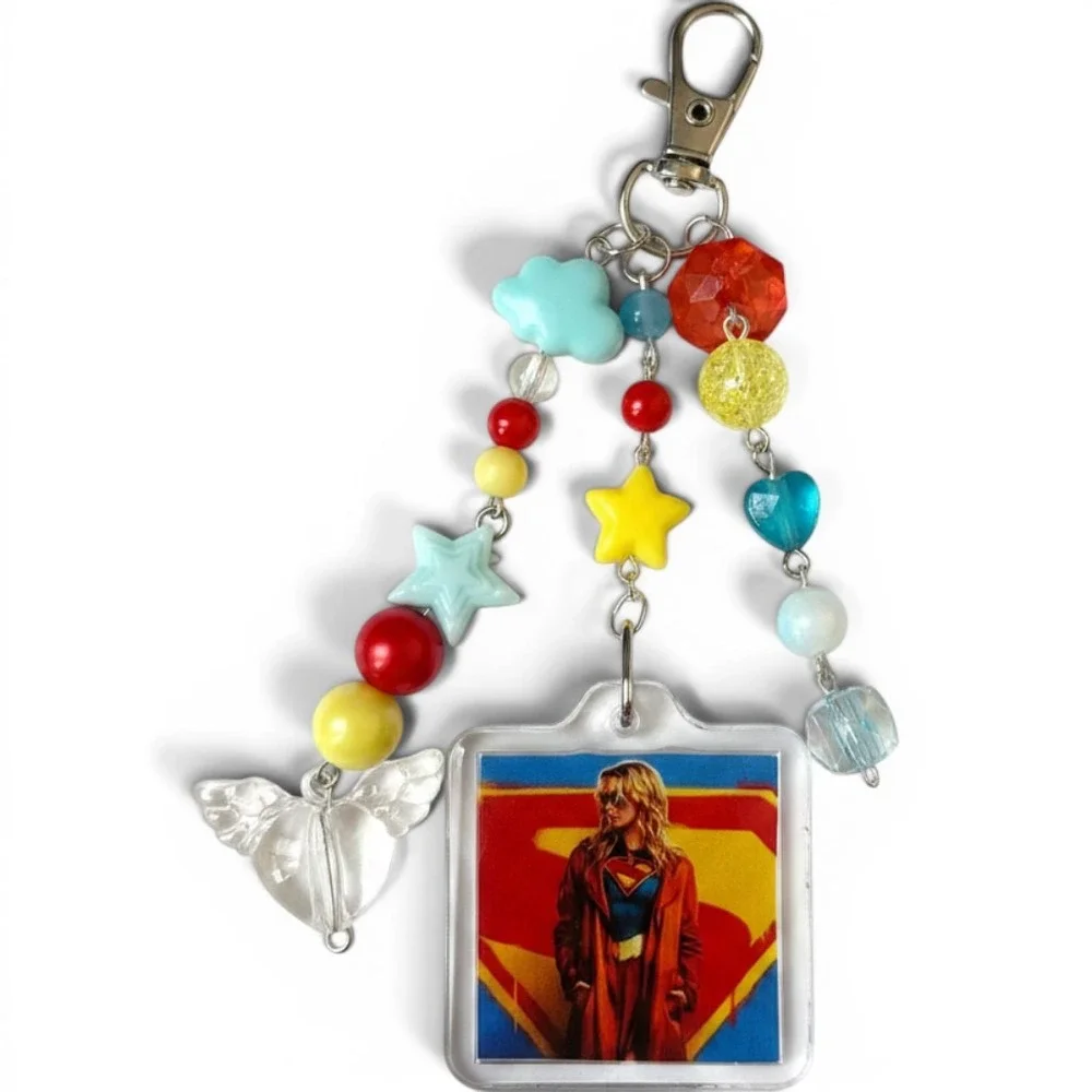 Supergirl Krypto Beaded Keychain bag charm Handmade Star Cloud Heart